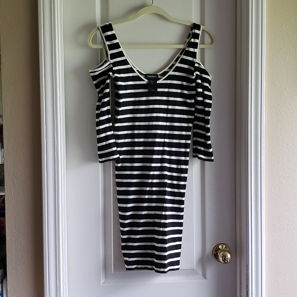 Bebe stripe mini dress cut out shoulder